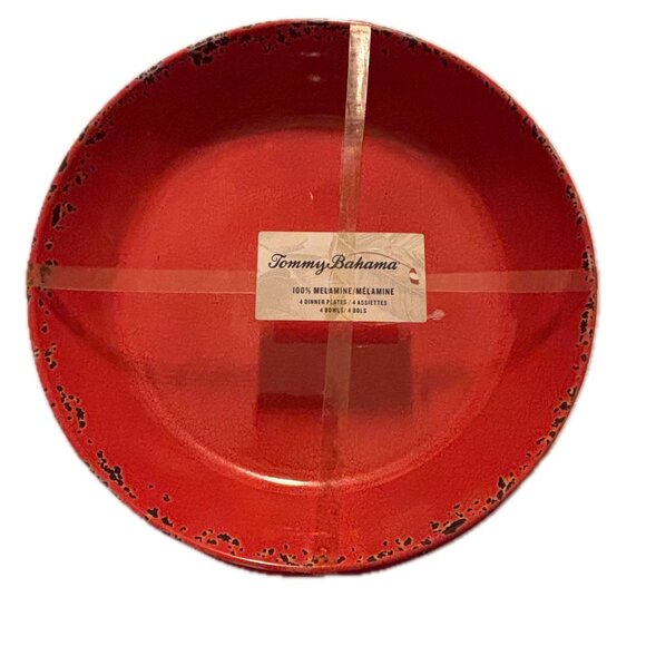 Tommy Bahama Melamine Christmas Red Crackle Plates Bowls 8pc - Picture 1 of 7